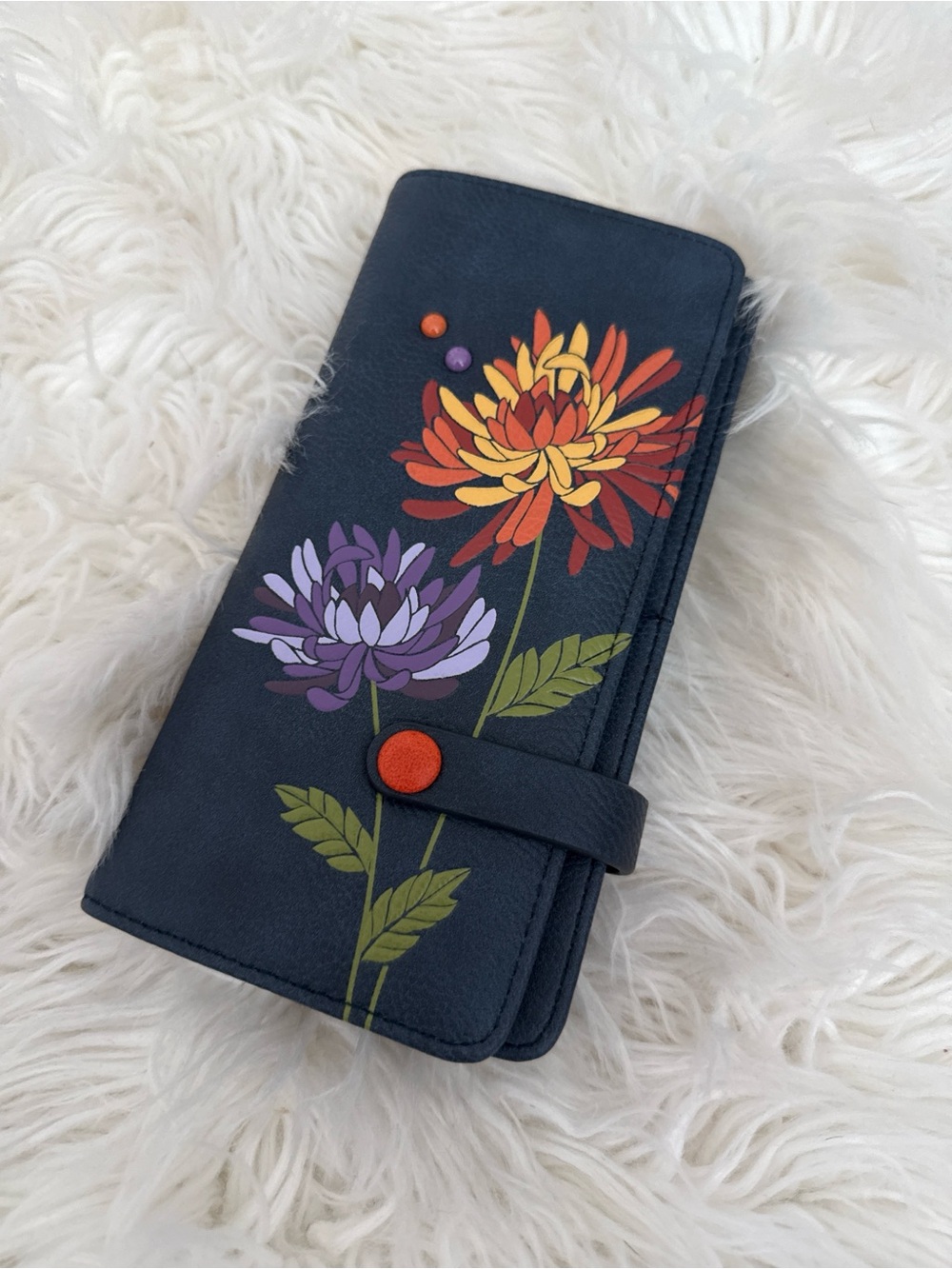 Floral Print Navy Women's Wallet with Orange Accent